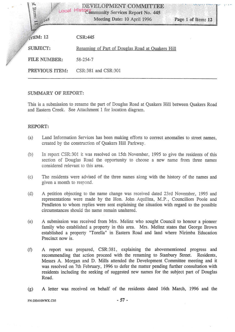 Renaming Part of Douglas Road, Quakers Hill and Naming of Reserve 491, Quakers Hill, 1996