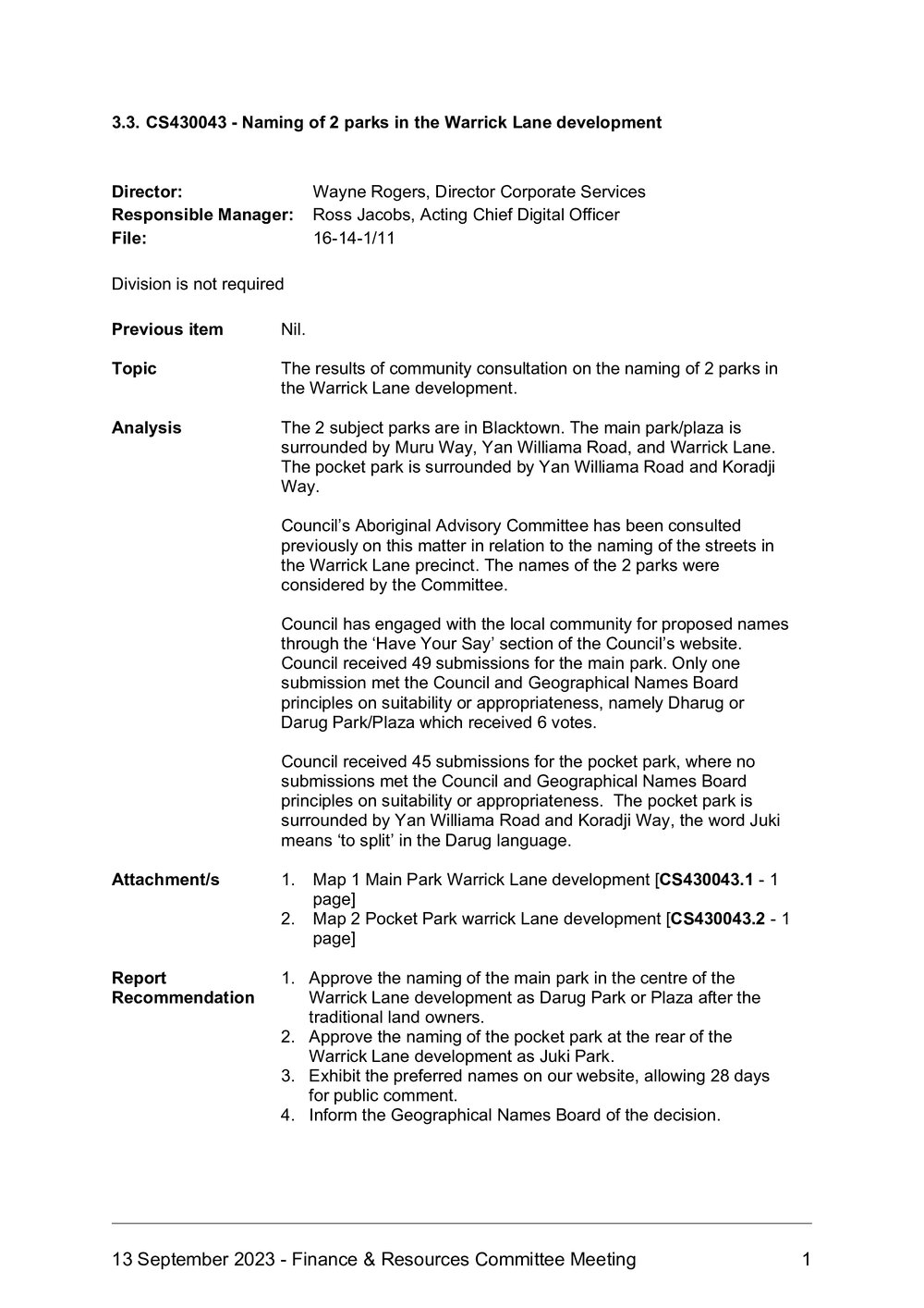 Naming of Two Parks in the Warrick Lane Development, 2023