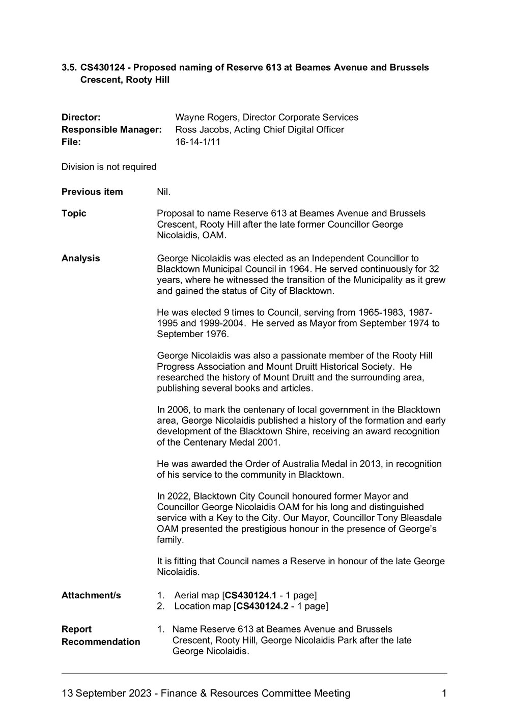 Proposed Naming of Reserve 613 at Beames Avenue and Brussels Crescent, Rooty Hill, 2024