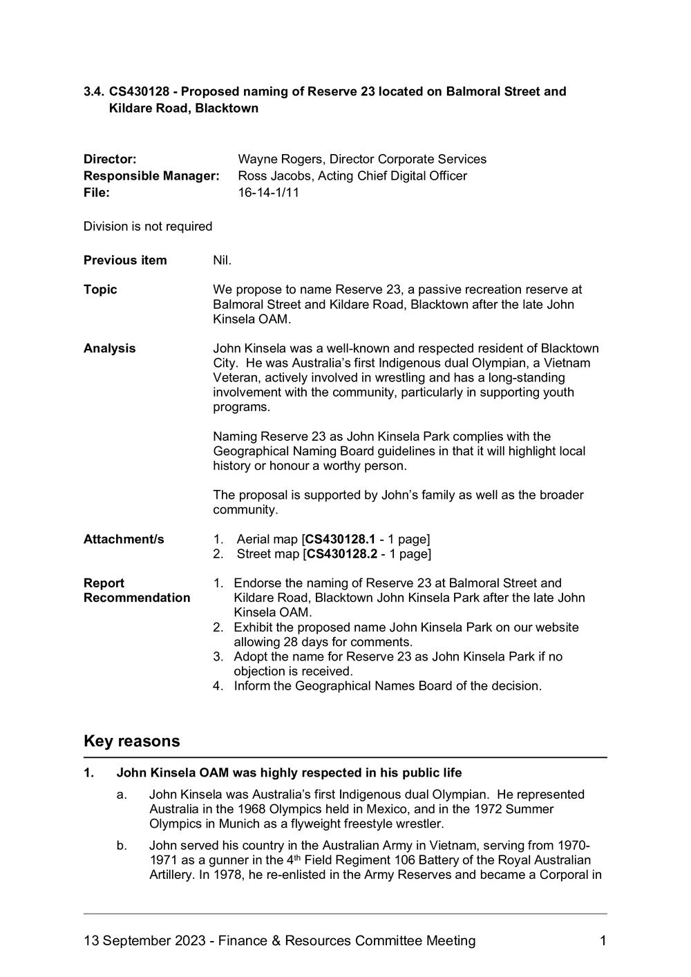 Proposed Naming of Reserve 23 Located on Balmoral Street and Kildare Road, Blacktown, 2023