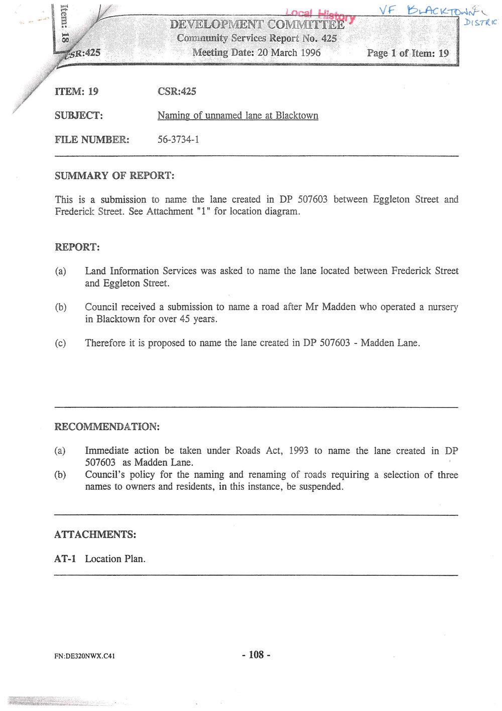  Naming of Madden Lane, Blacktown, 1996