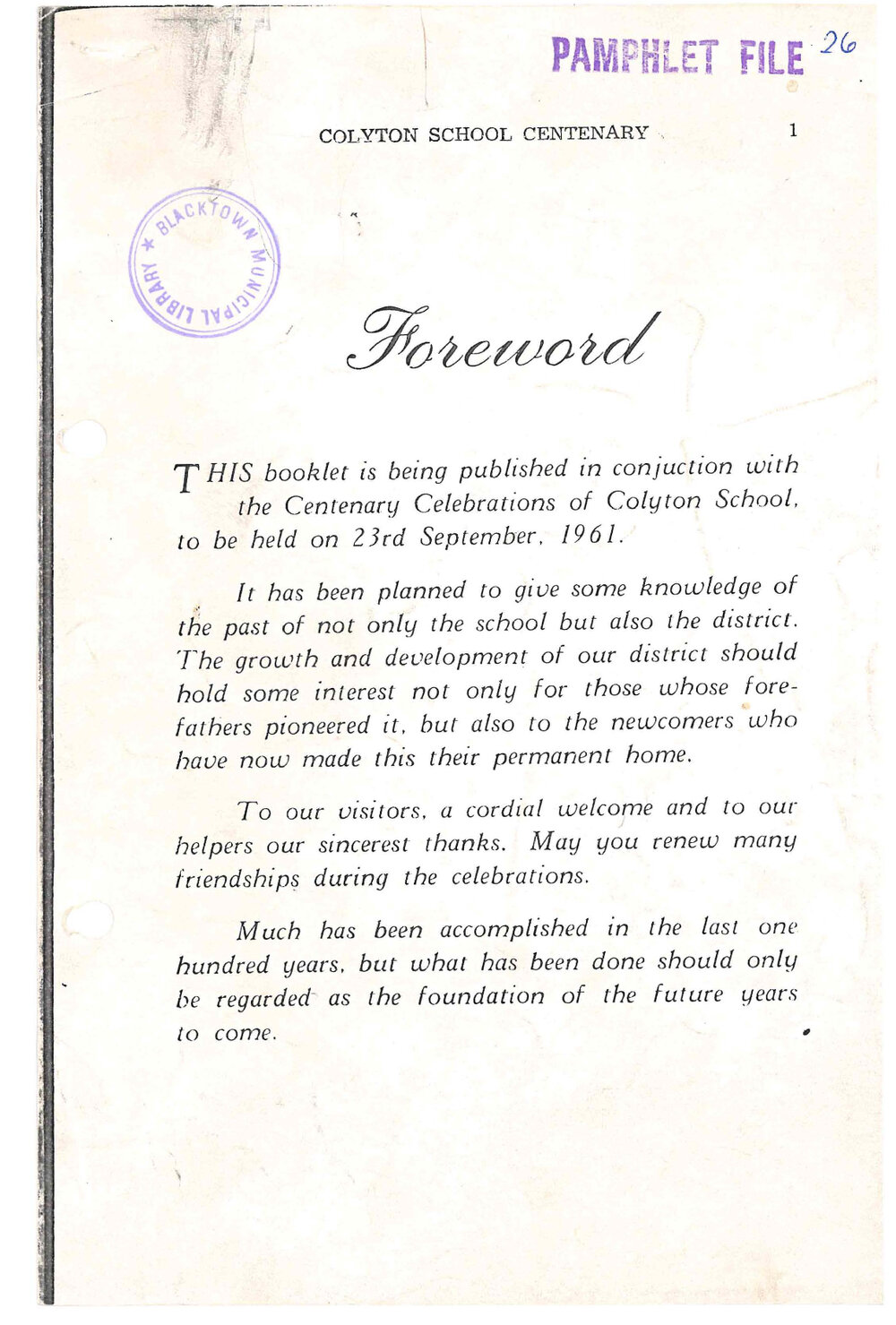 Colyton School Centenary Booklet, 1961