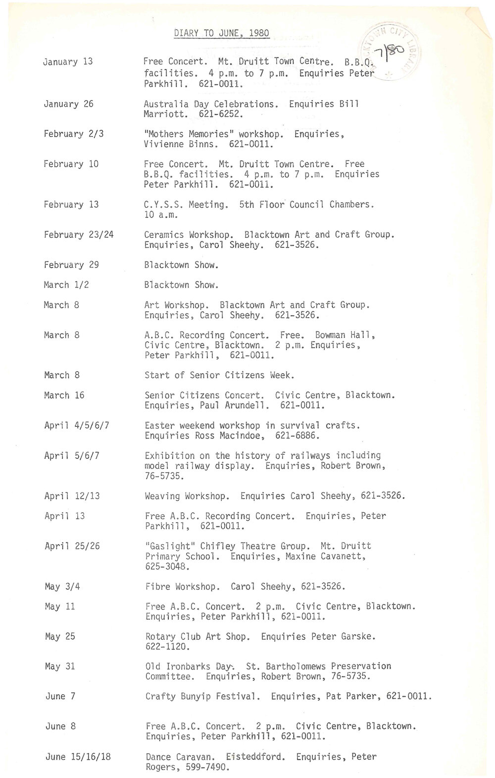 Cultural Events in Blacktown, January-June 1980
