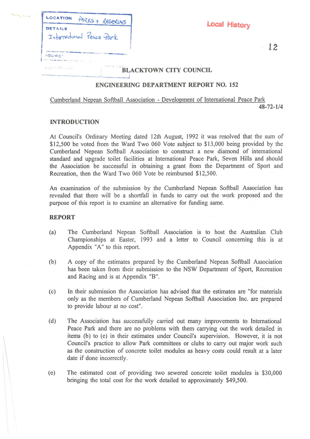 Cumberland Nepean Softball Association, Development of International Peace Park, Seven Hills, 1992