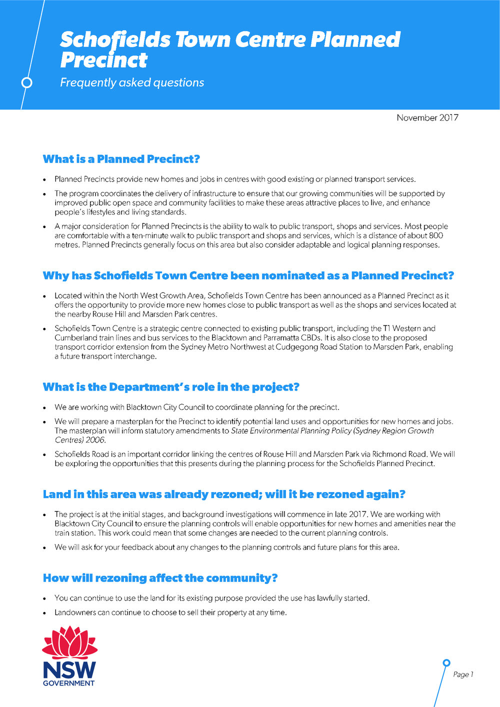 Schofields Town Centre Planned Precinct FAQs, 2017