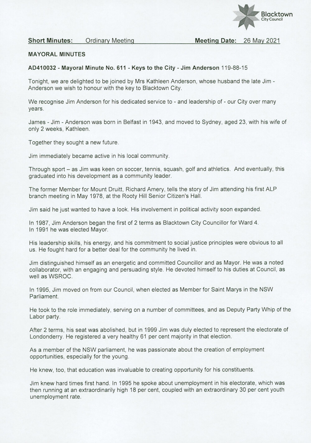 James (Jim) Anderson - Keys to the City (Mayoral Minute No. 611), 2020