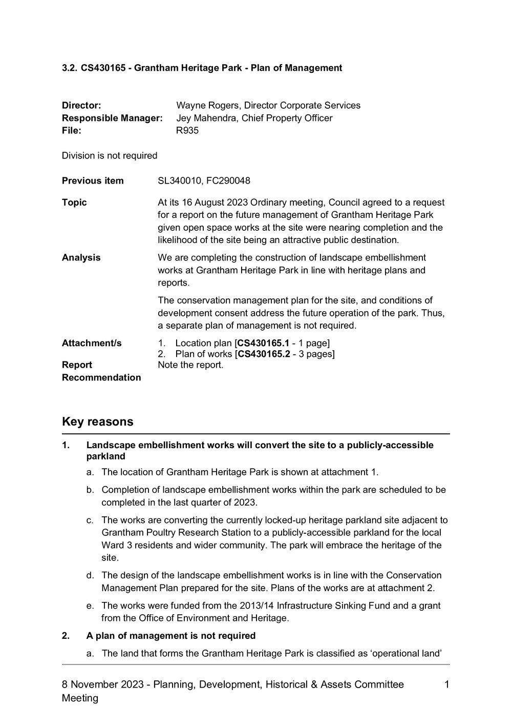 Grantham Heritage Park - Plan of Management, 2023