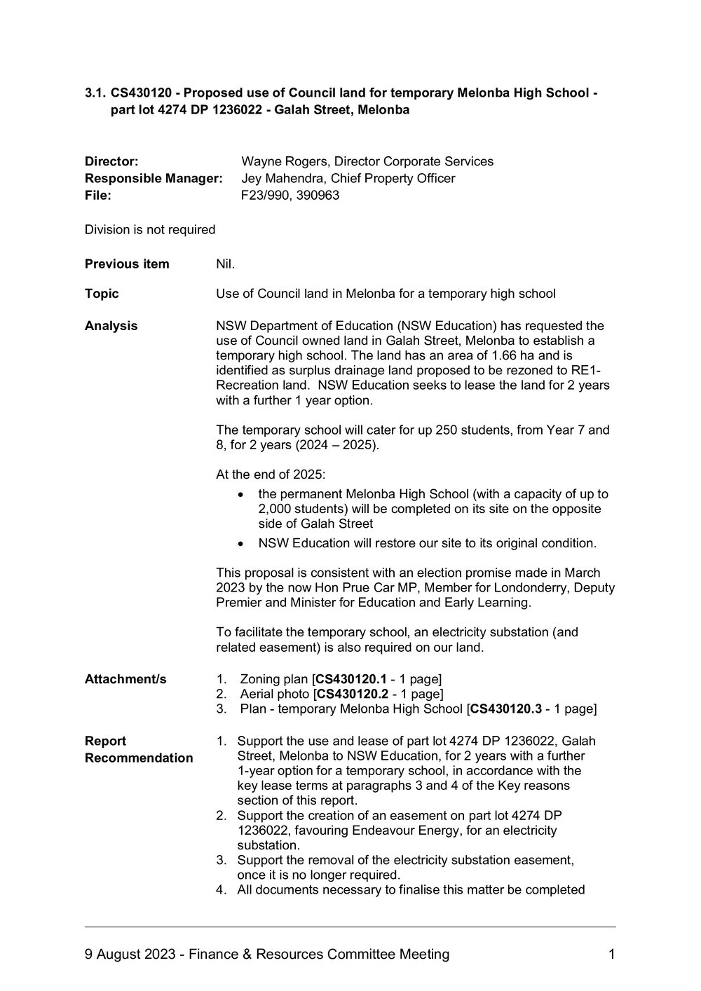 Proposed Use of Council Land for Temporary Melonba High School, 2023