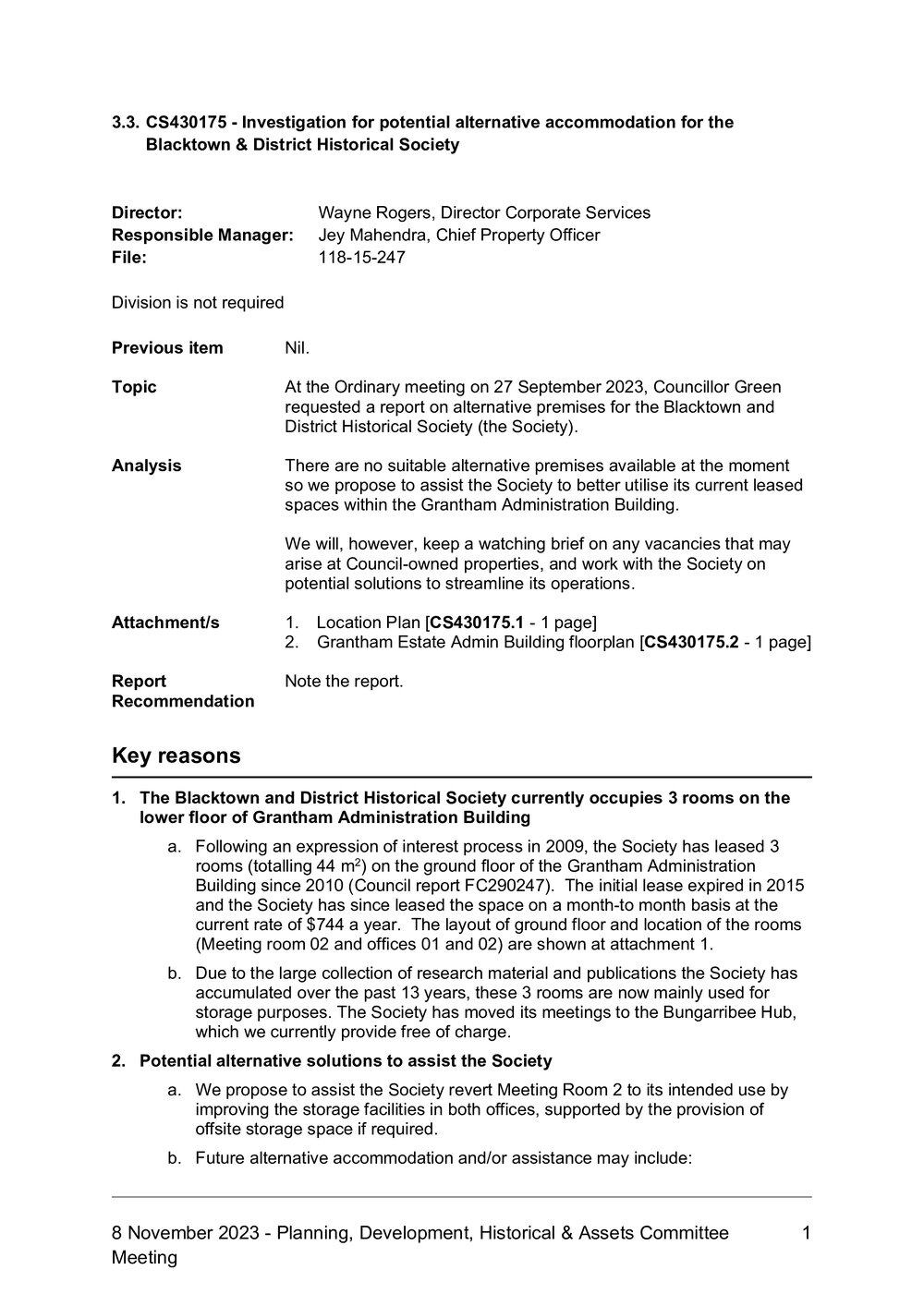 Investigation for Potential Alternative Accommodation for the Blacktown &amp; District Historical Society, 2023