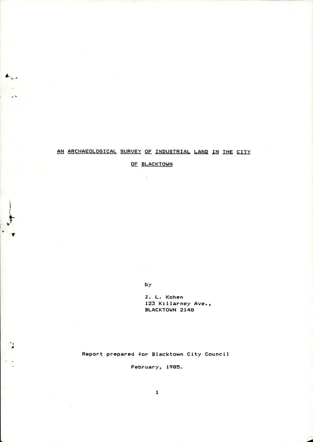 An Archaeological Survey of Industrial Land in the City of Blacktown, 1985