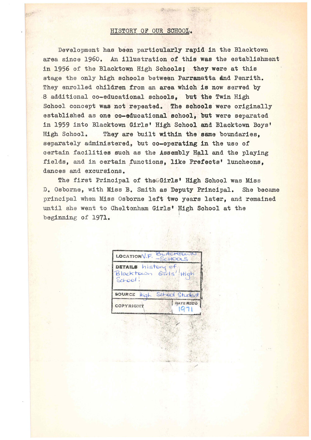 Blacktown Girls' High School History