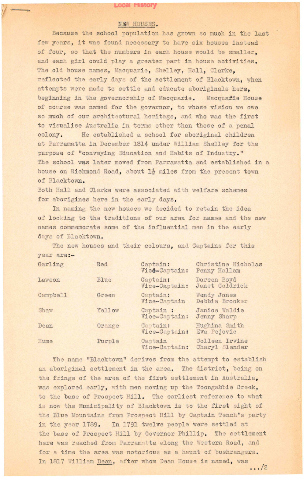 Blacktown Girls' High School history and school houses