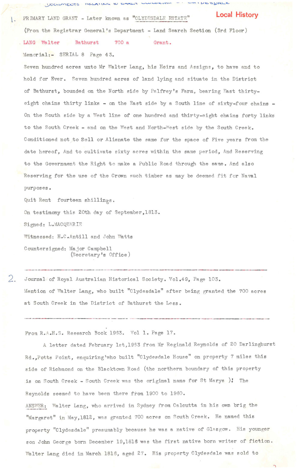 Documents relating to early ownership of Clydesdale Estate, Marsden Park