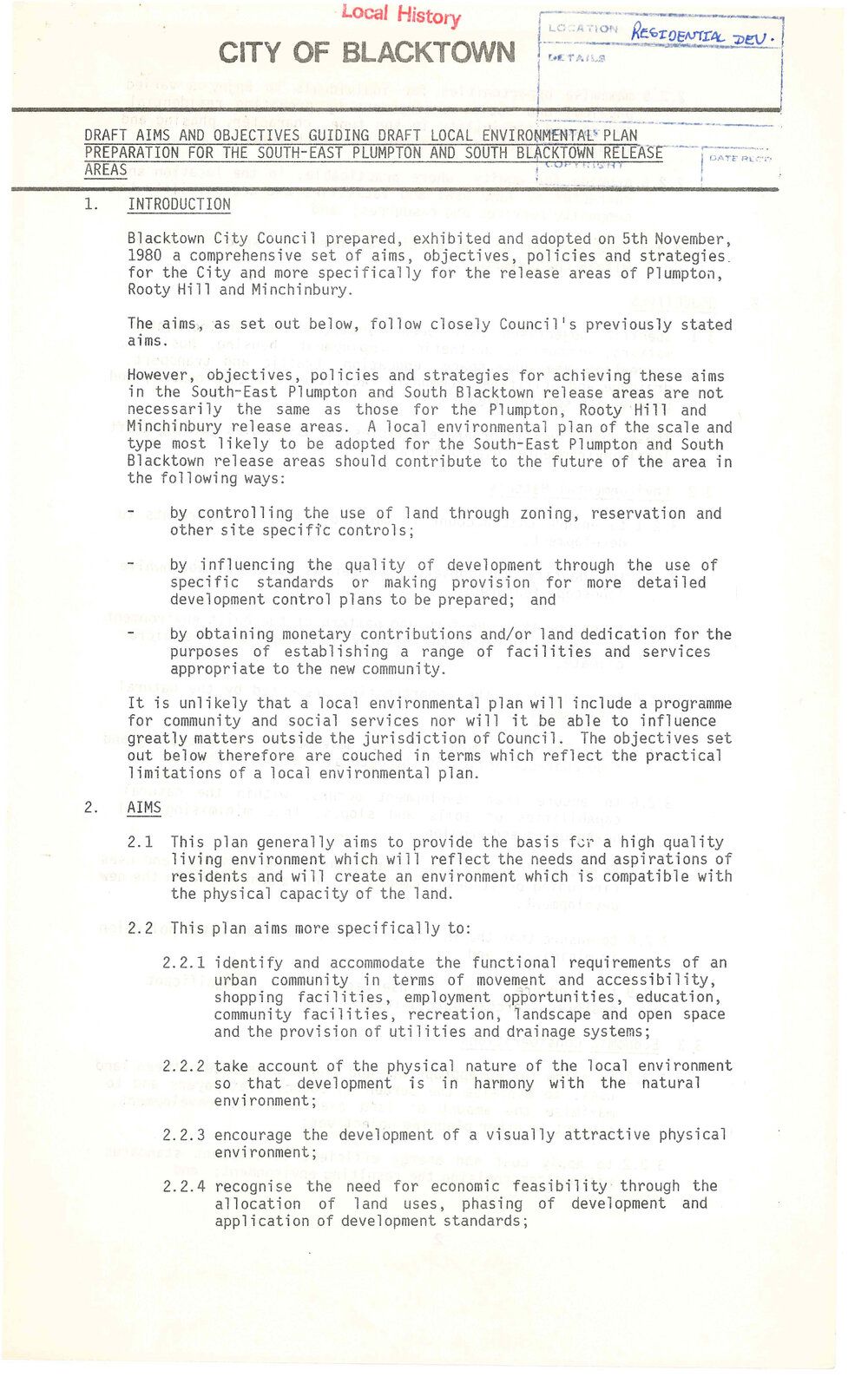 Draft  Aims and Objectives, Local Environmental Plan - South East Plumpton and South Blacktown release areas, c 1980 