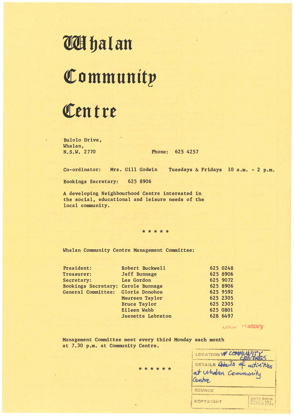 Whalan Community Centre leaflet, c1983