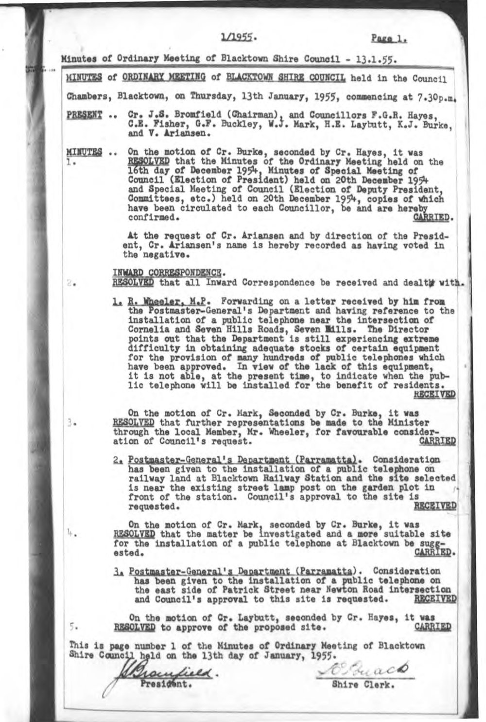 Blacktown Shire Council Minutes, Ordinary Meetings, 1955