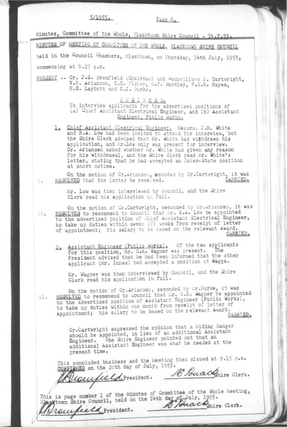 Blacktown Shire Council Minutes, Committee of the Whole, 1955
