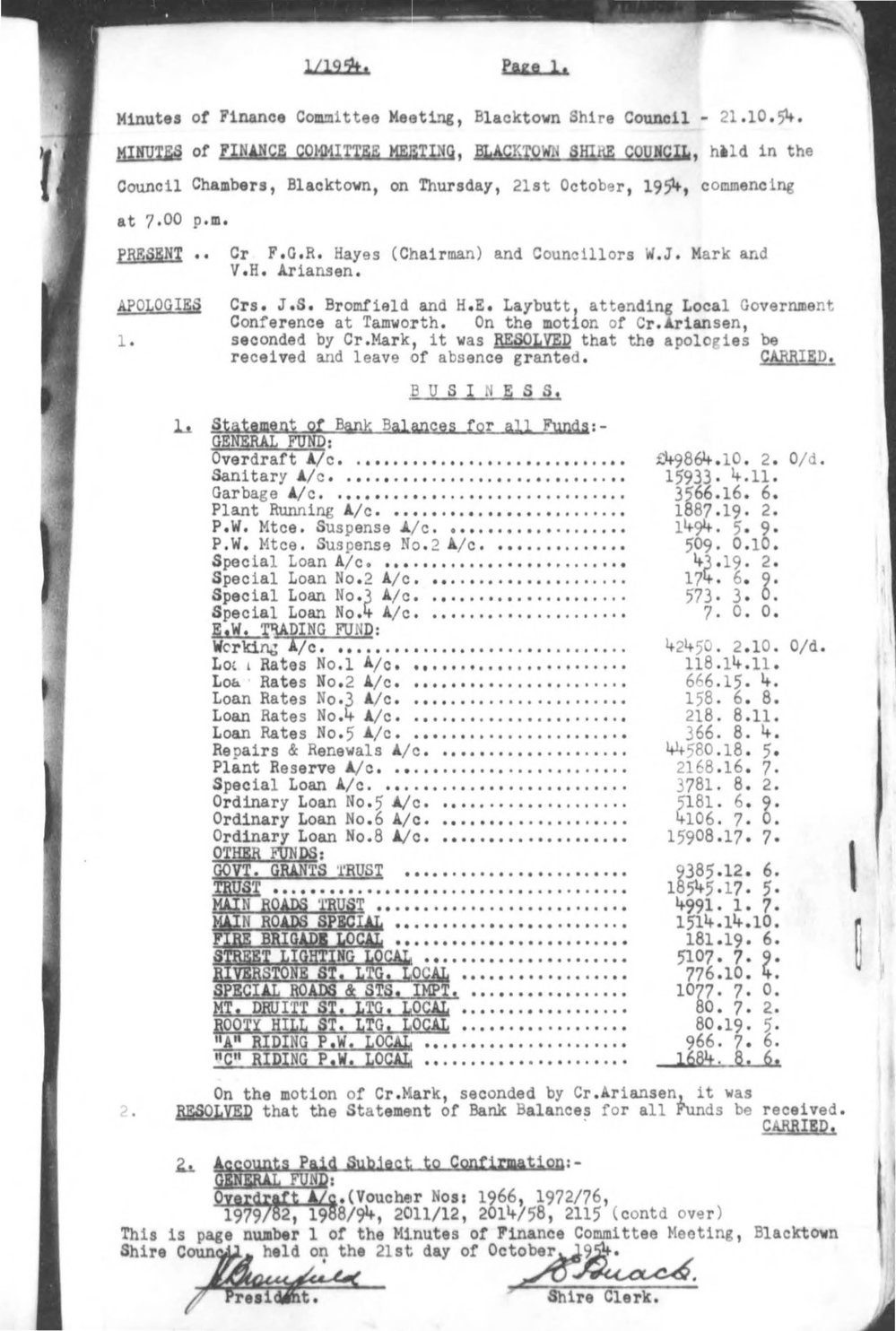 Blacktown Shire Council Minutes, Finance Committee, 1955