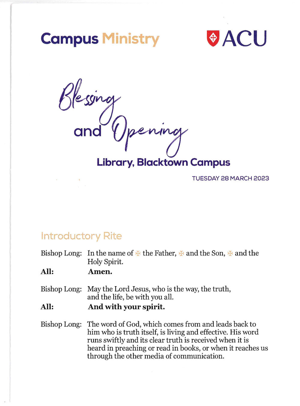 Australian Catholic University Blessing and Opening, 2023