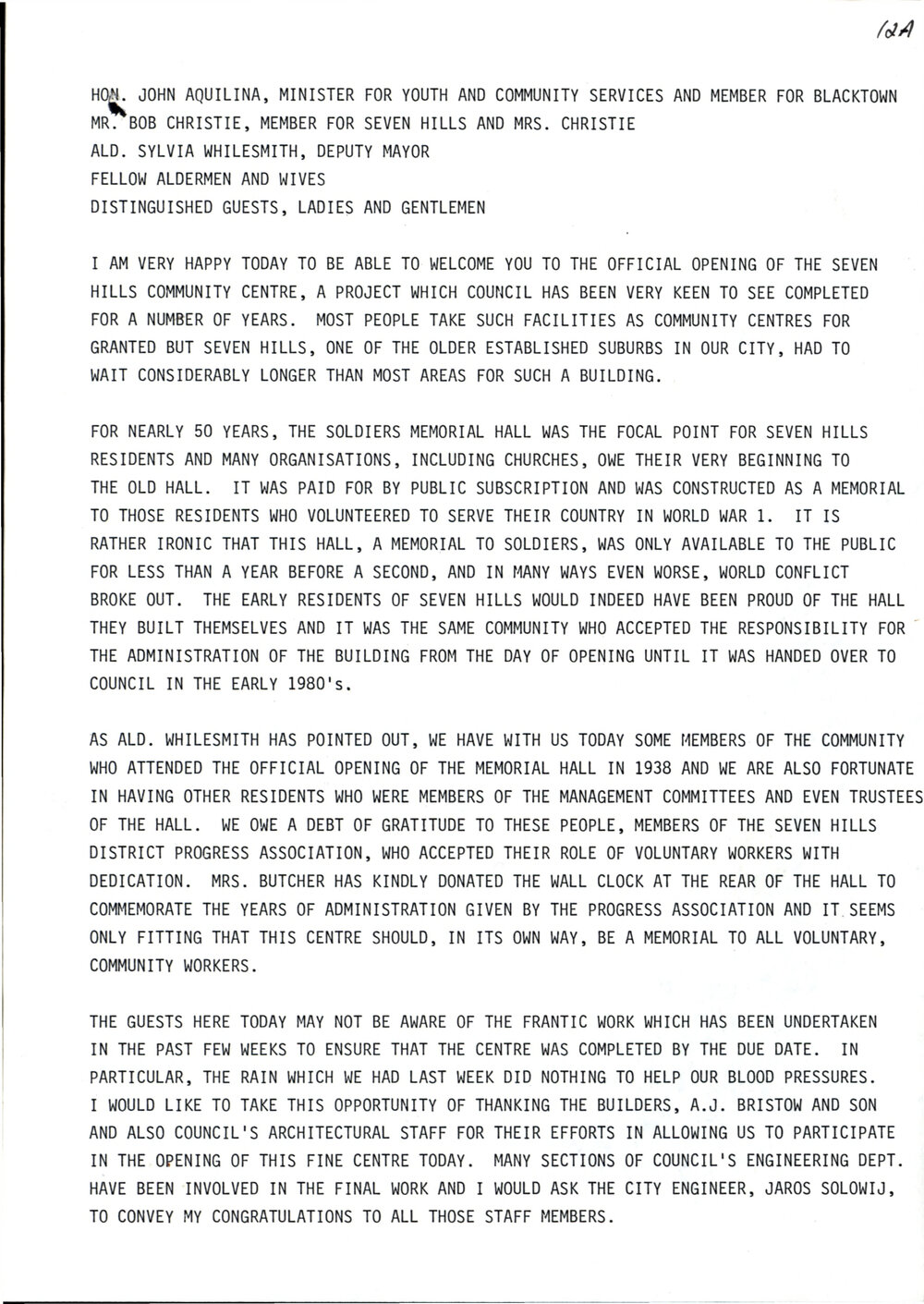 Seven Hills Community Centre Opening Speech, 1987