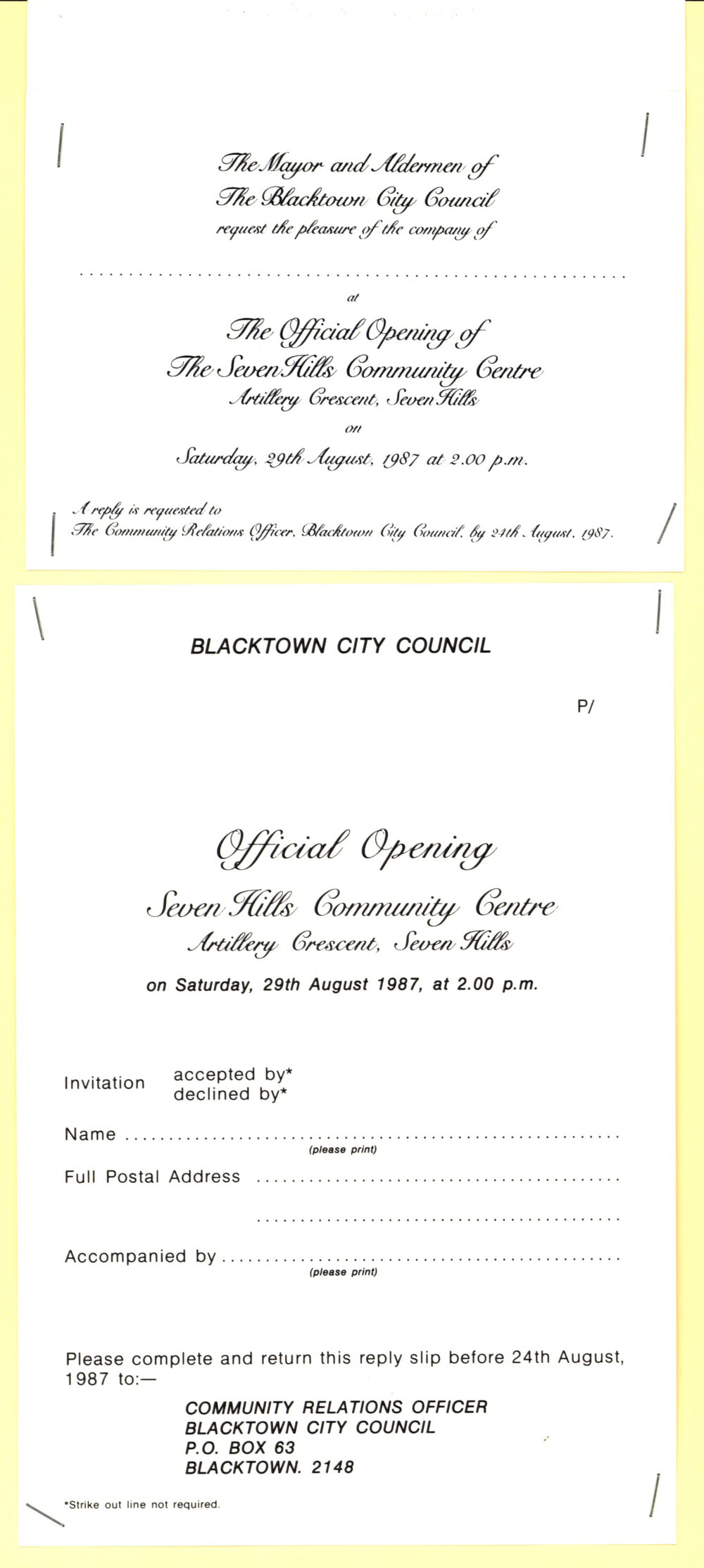 Seven Hills Community Centre, Official Opening Invitation, 1987