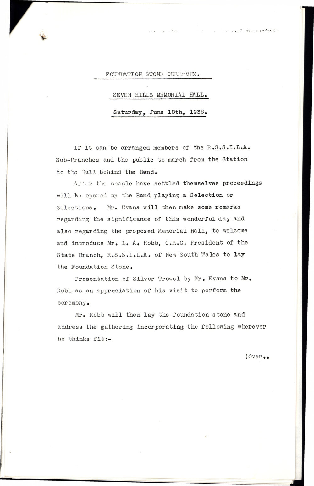 Foundation Stone Ceremony, Seven Hills Soldiers Memorial Hall, 1938