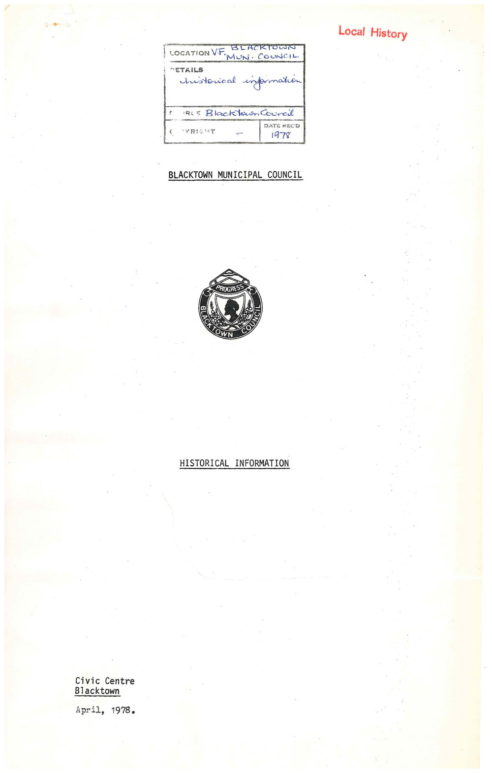 Blacktown Municipal Council Historical Information, 1978