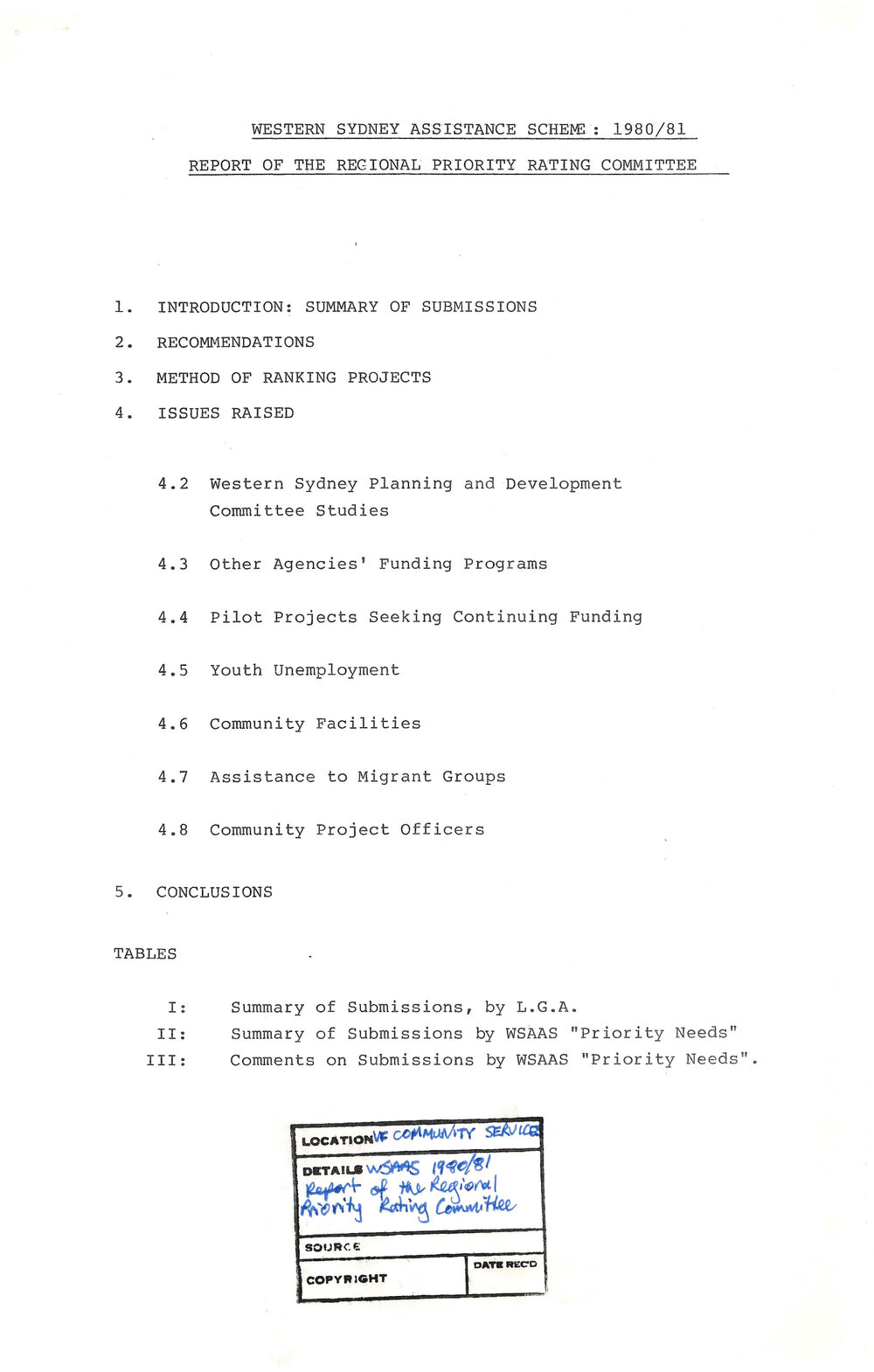 Western Sydney Assistance Scheme 1980/81 Report of the Regional Priority Rating Committee