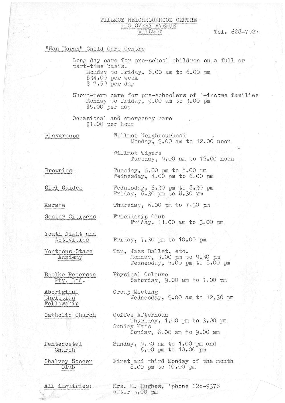 Willmot Neighbourhood Centre Activities, n.d.