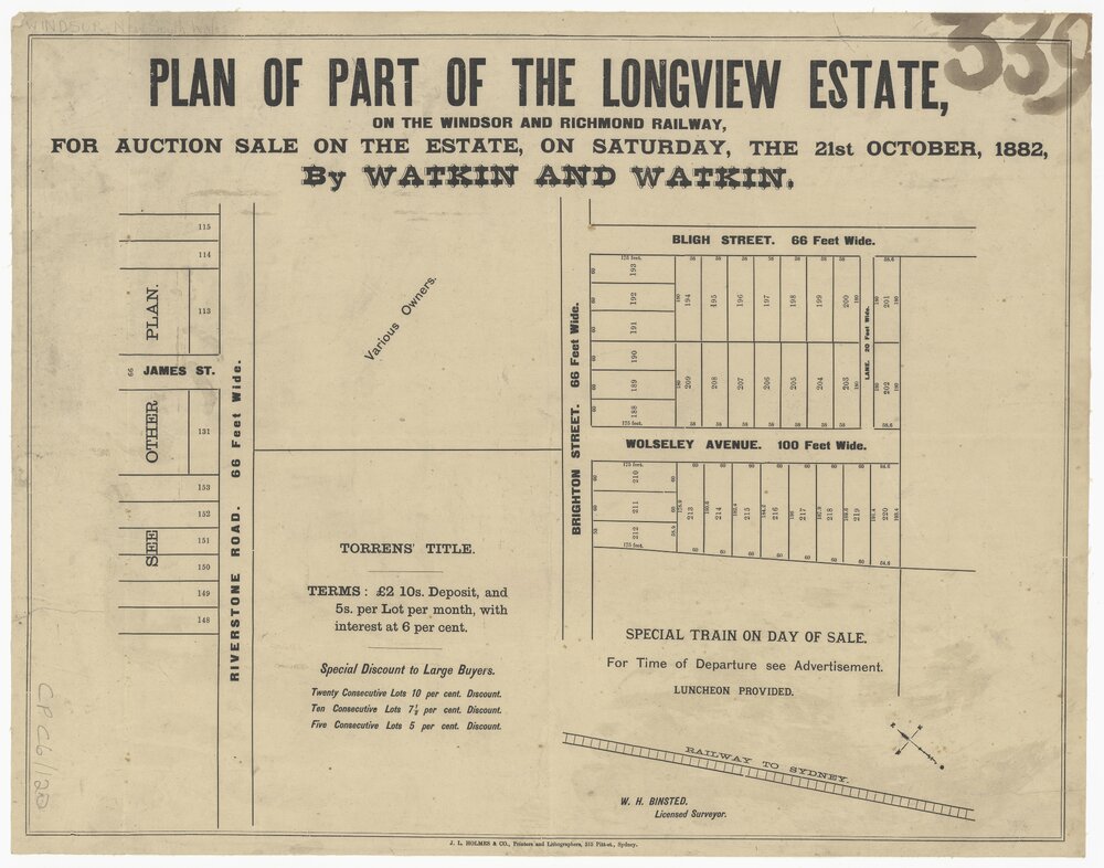 Plan of Part of the Longview Estate on the Windsor and Richmond Railway, 1882