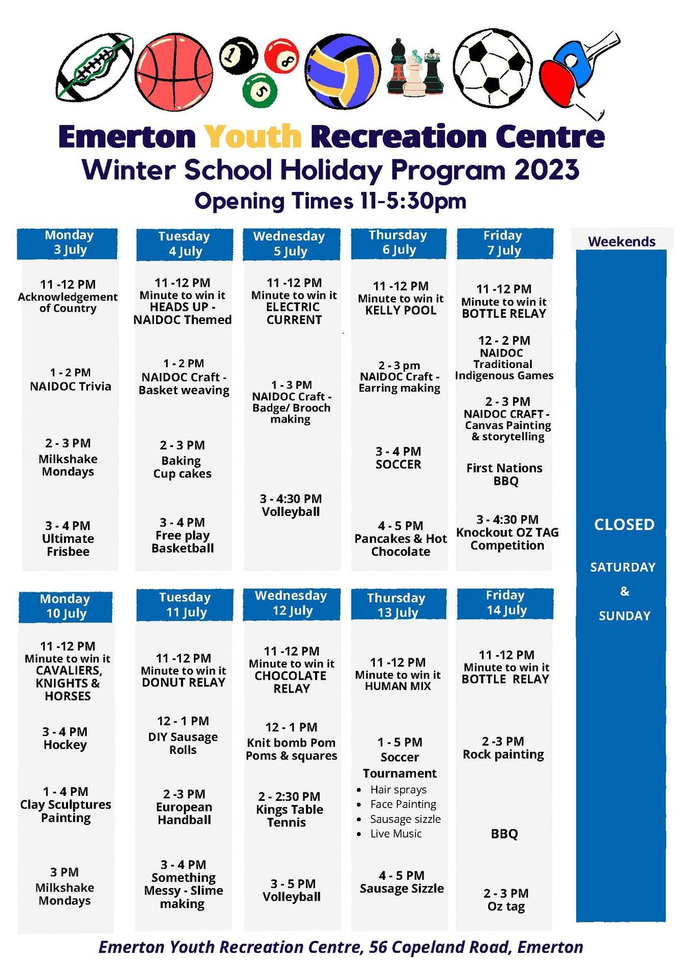 Emerton Youth Recreation Centre Winter School Holiday Program, 2023