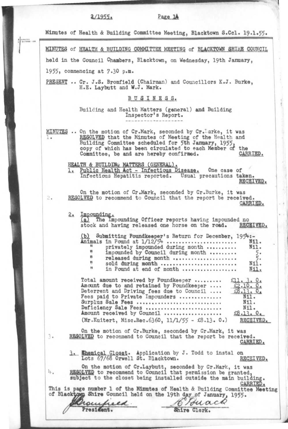 Blacktown Shire Council Minutes, Health and Building Committee,1955