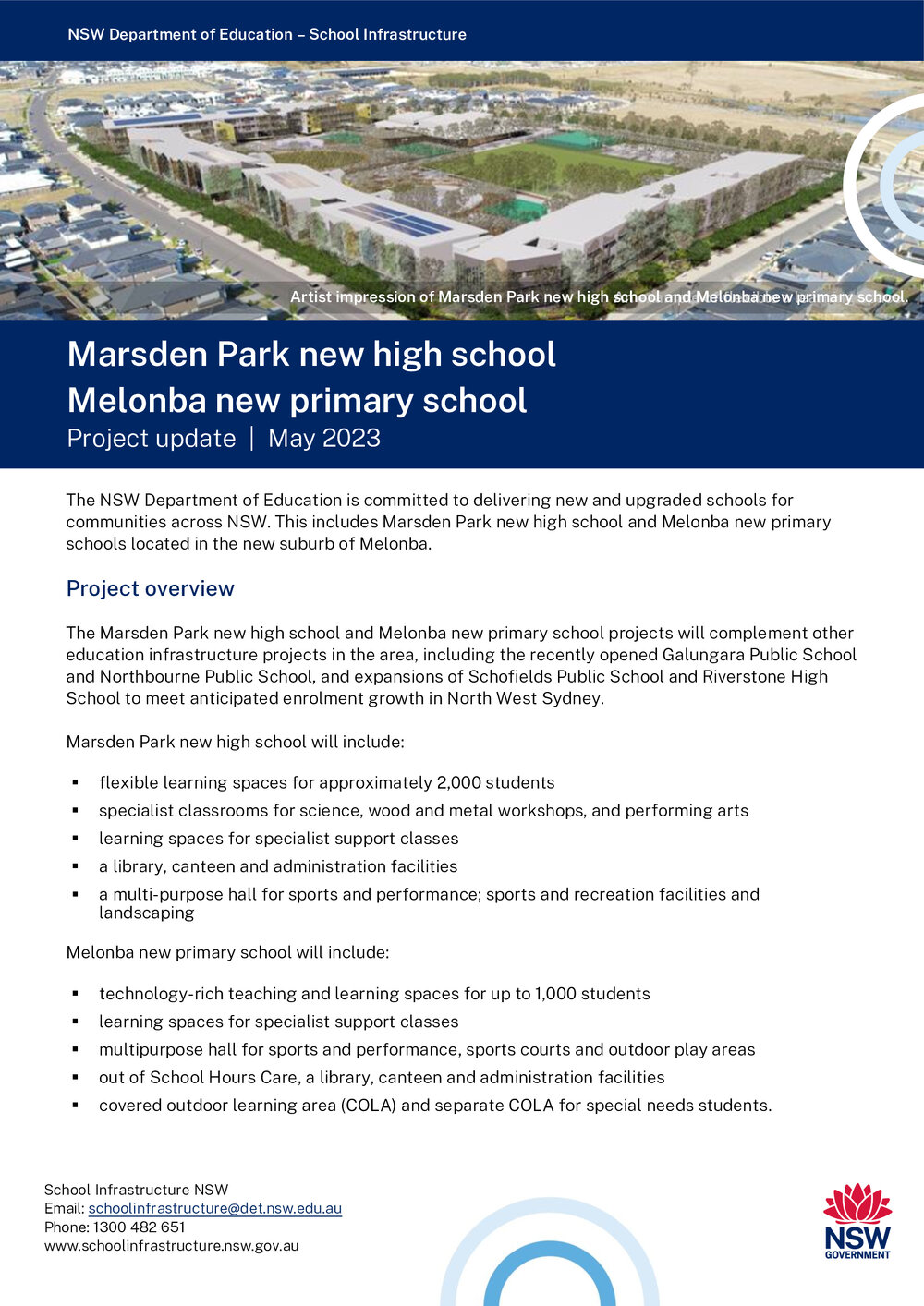 Project Update New Schools at Marsden Park and Melonba, May 2023