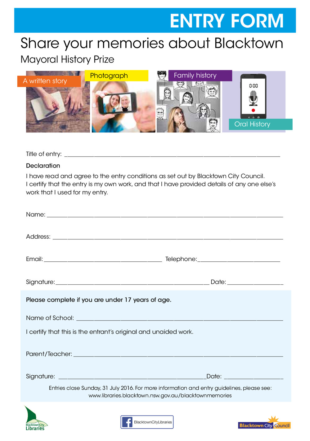 Blacktown City Mayoral History Prize Entry Form, 2016