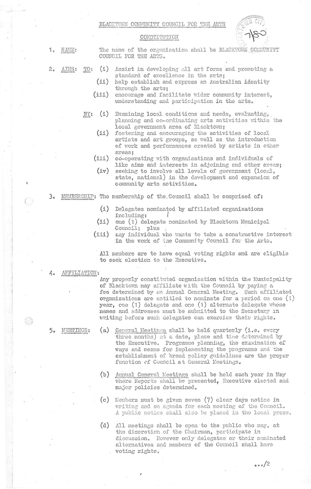 Blacktown Community Council for the Arts Constitution, 1980