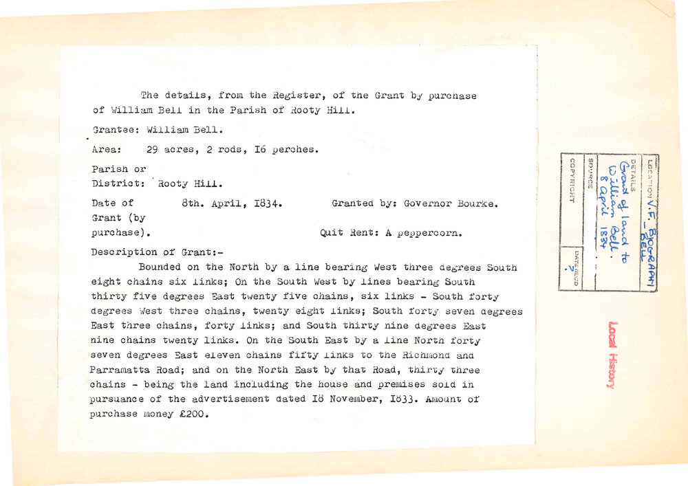 Grant of Land in Rooty Hill to William Bell, 1834