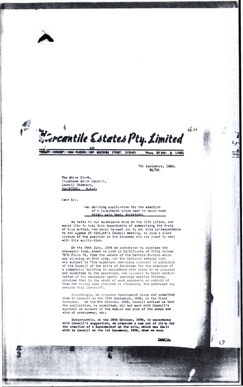 Piccadilly Centre Blacktown, Building Application, 1960