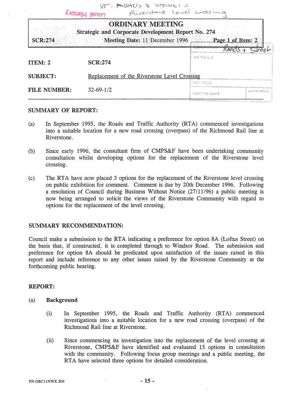 Replacement of Riverstone Level Crossing, 1996 