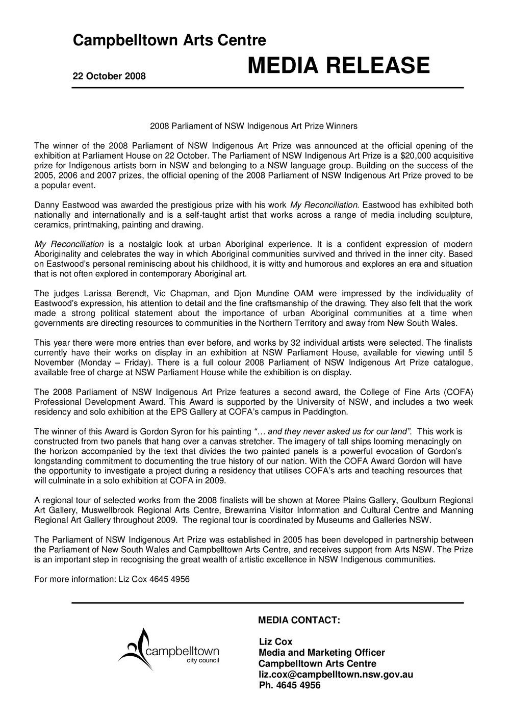 Parliament of NSW Indigenous Art Prize Winners, 2008