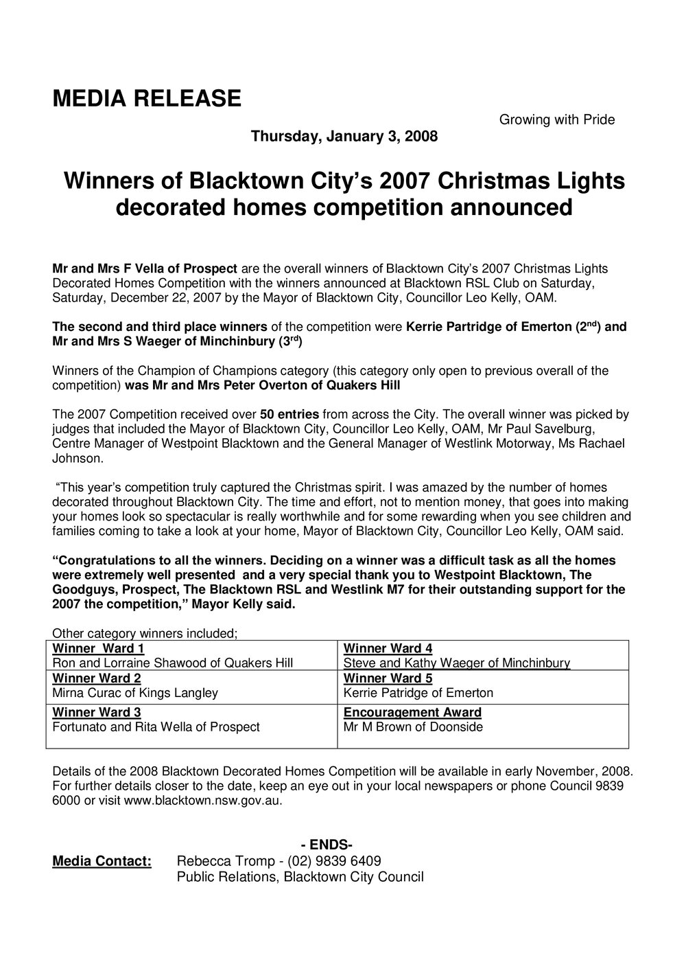 Blacktown City Christmas Lights Competition Winners, 2007