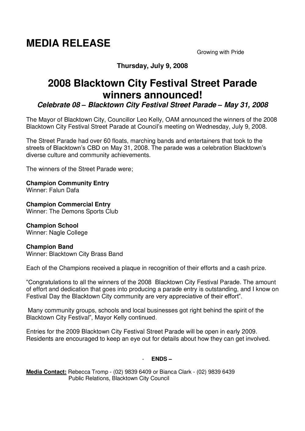 Blacktown City Festival Street Parade Winners, 2008