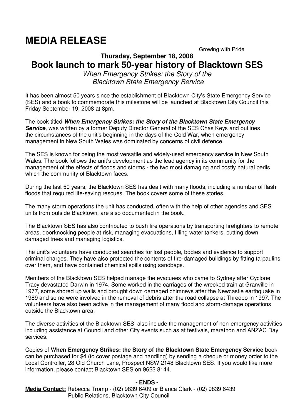 Blacktown State Emergency Services Book Launch, 2008