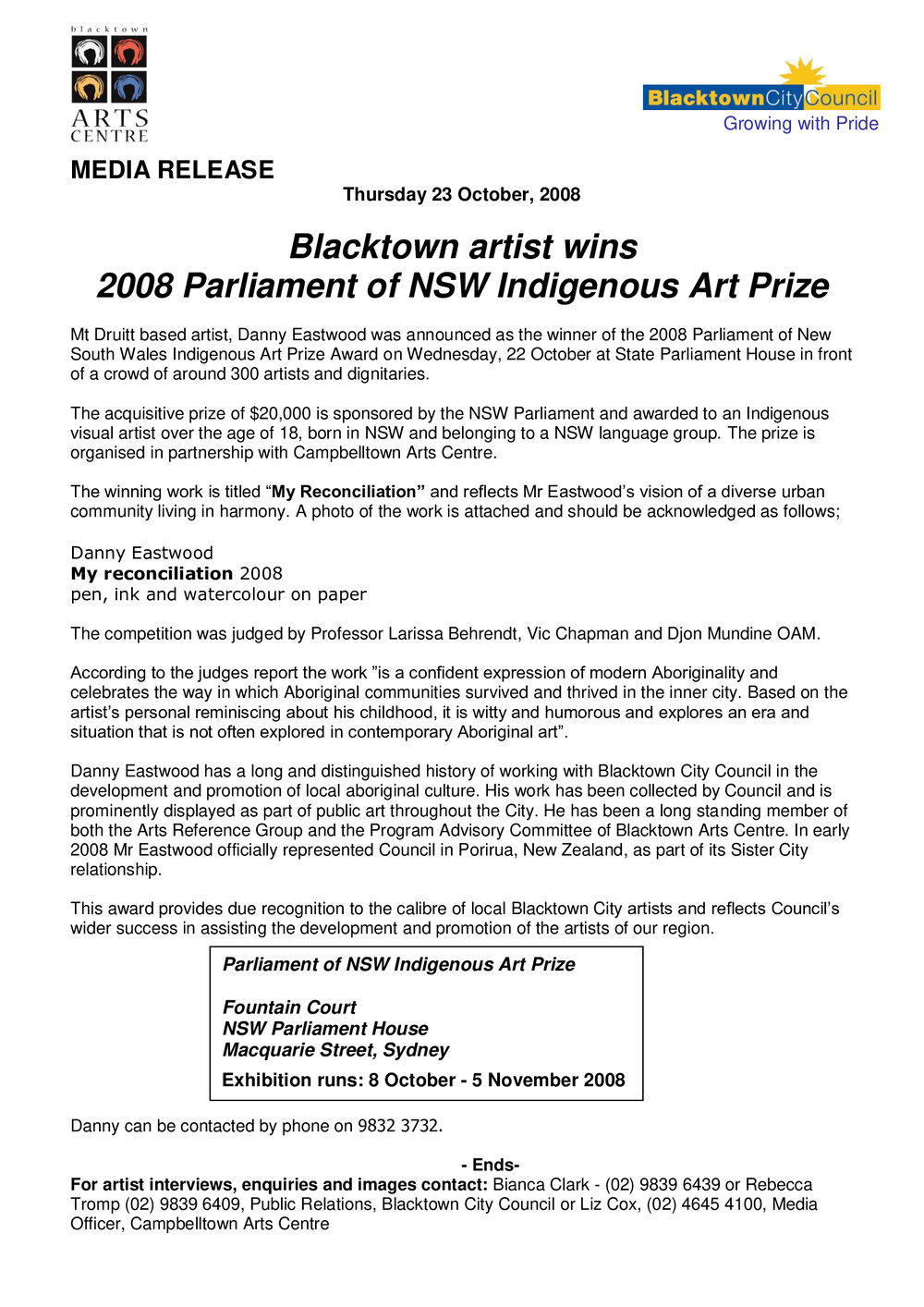 Blacktown Artist Wins 2008 Parliament of NSW Indigenous Art Prize