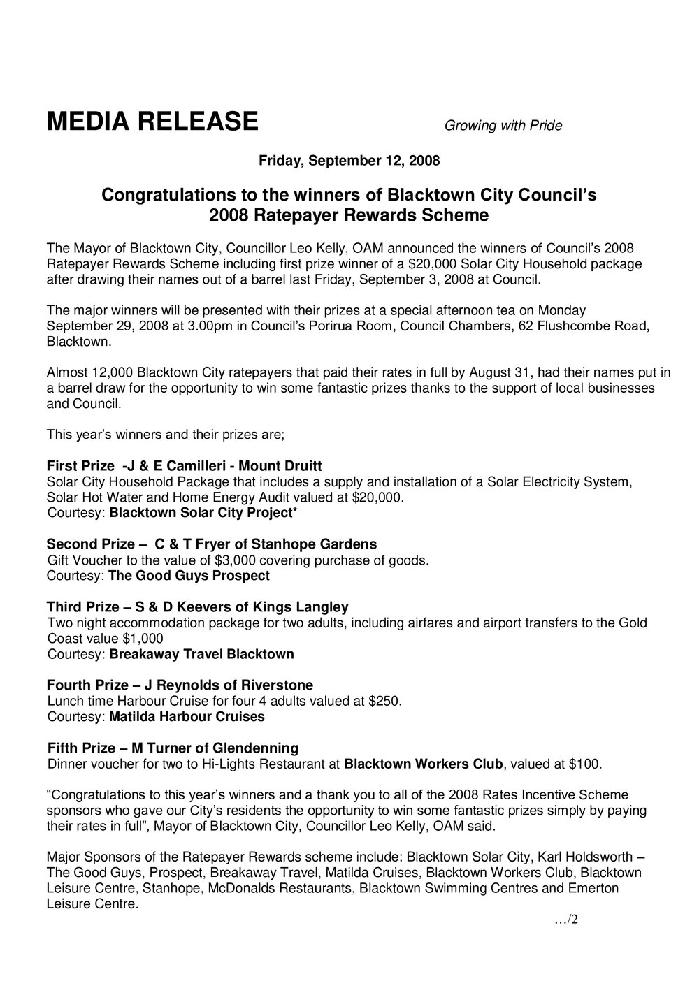 Blacktown City Council Rates Incentive Winners, 2008