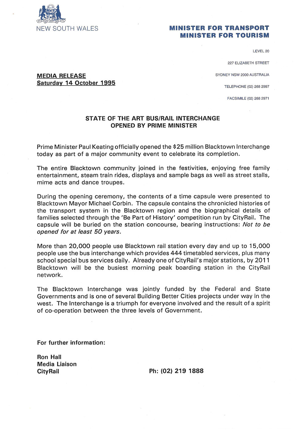 Blacktown Bus Rail Interchange Opening, 1995