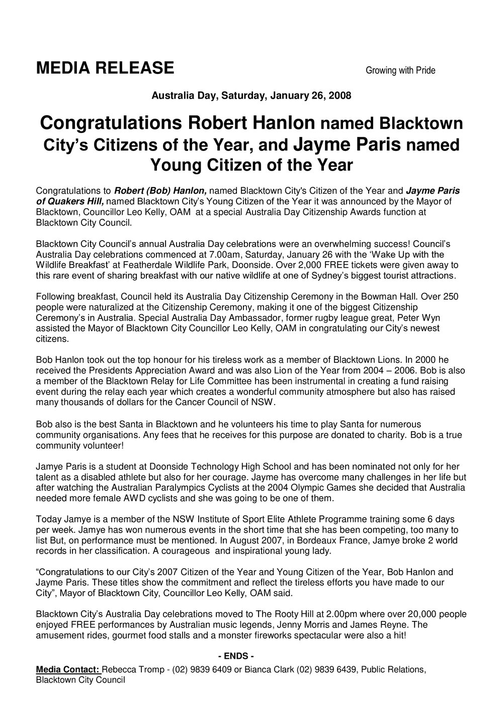 Blacktown City Citizen of Year, 2008