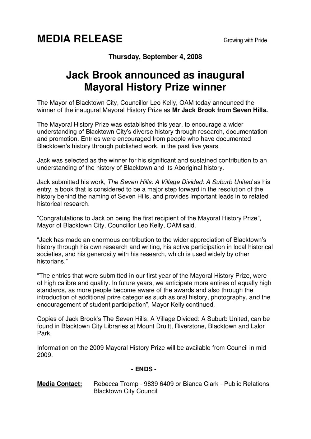 Mayoral History Prize Inaugural Prize Winner, 2008