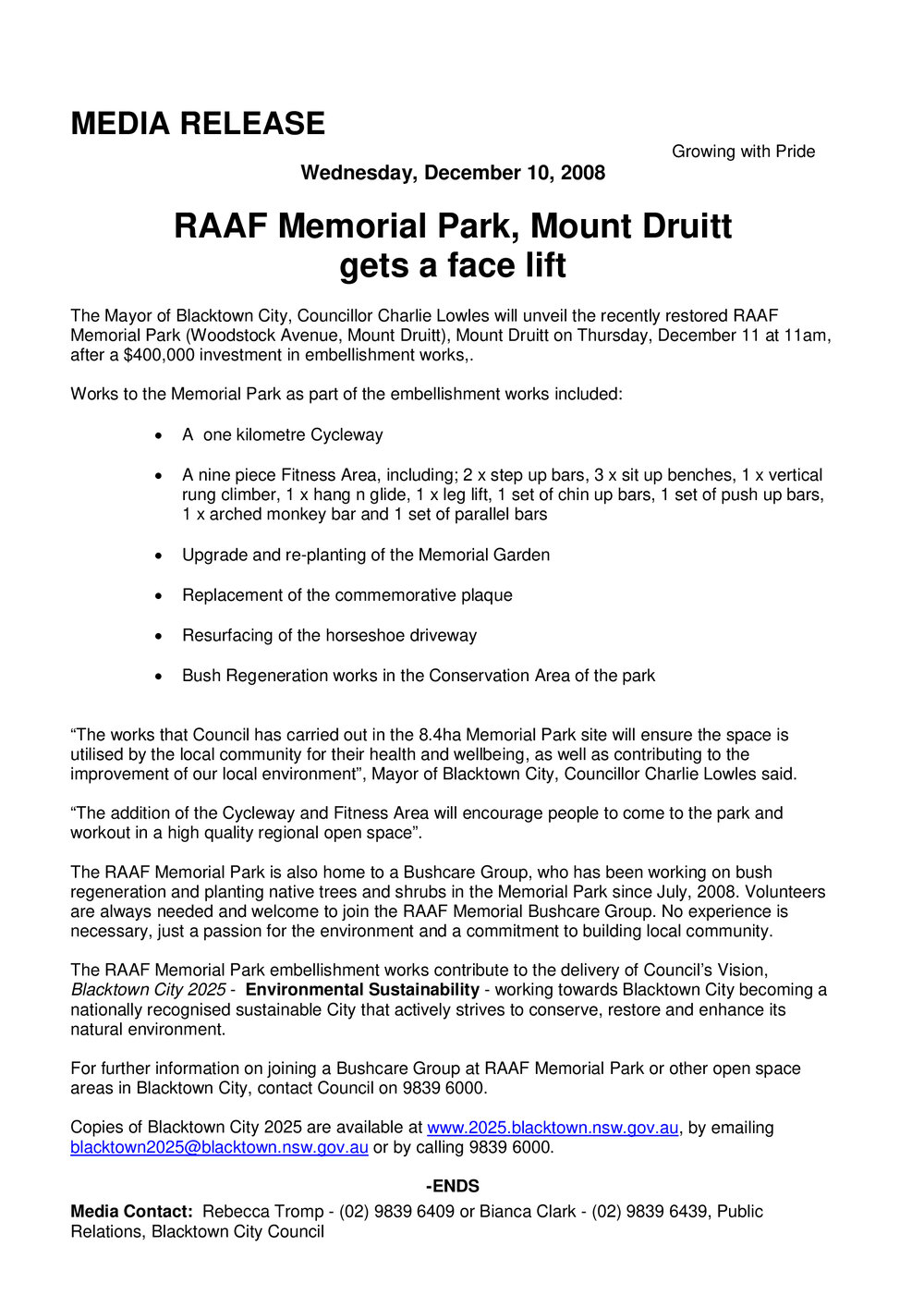 RAAF Memorial Park Mount Druitt Gets a Facelift, 2008