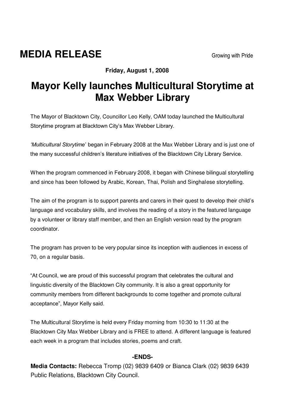 Mayor Kelly Launches Multicultural Storytime at Max Webber Library, 2008