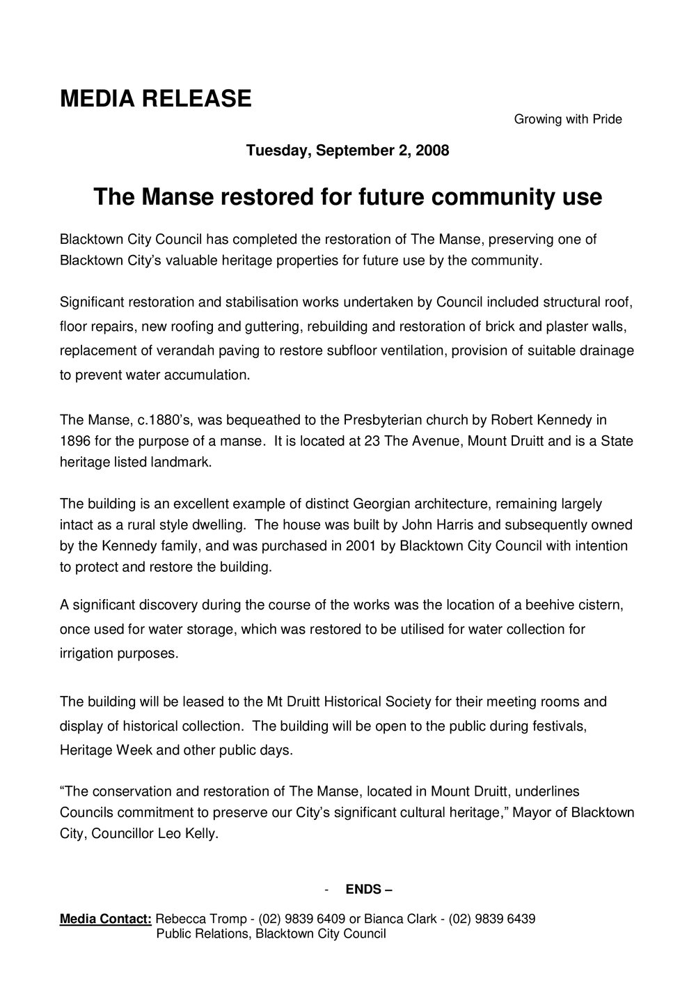 The Manse Restored for Future Community Use, 2008